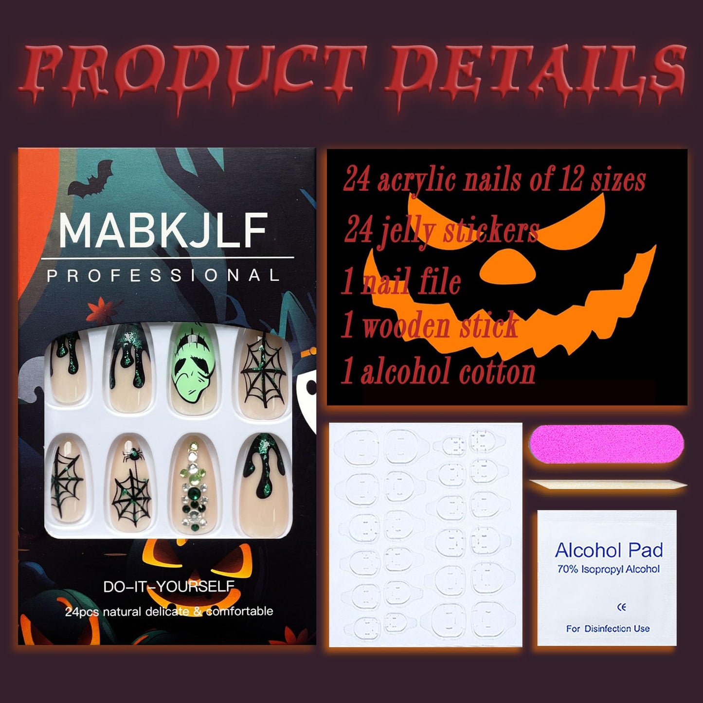 Halloween Press on Nails Medium Almond Fake Nails Nude Full Cover Green Spider Web Nightmare Christmas Nails Rhinestones False Nails with Designs Acrylic Artificial Nails for Women Girls 24Pcs