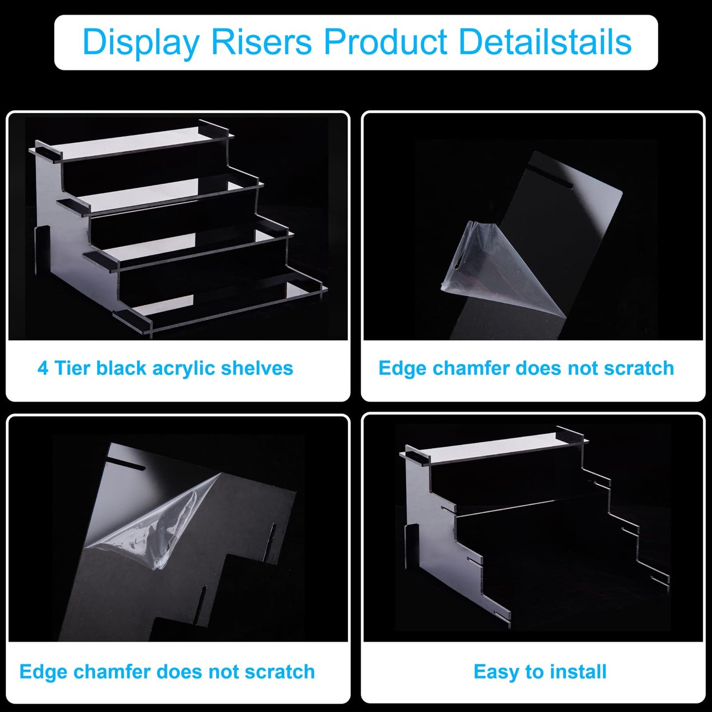 HENABLE 4 Tier Black Acrylic Display Risers, Perfume Organizer Stand, Cupcake Stand Holder, Shelf Risers for Display Stands for Funko POP Figure, Dessert Shelves for Party, Decoration