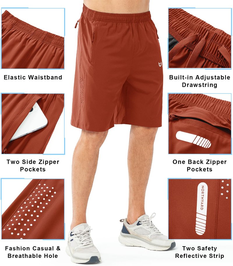 NORTHYARD Men's Athletic Running Shorts Gym Workout 7"/9"/5" Quick Dry Lightweight Sports Basketball Tennis 3 Zipper Pockets REDCLAY-9inch 4XL
