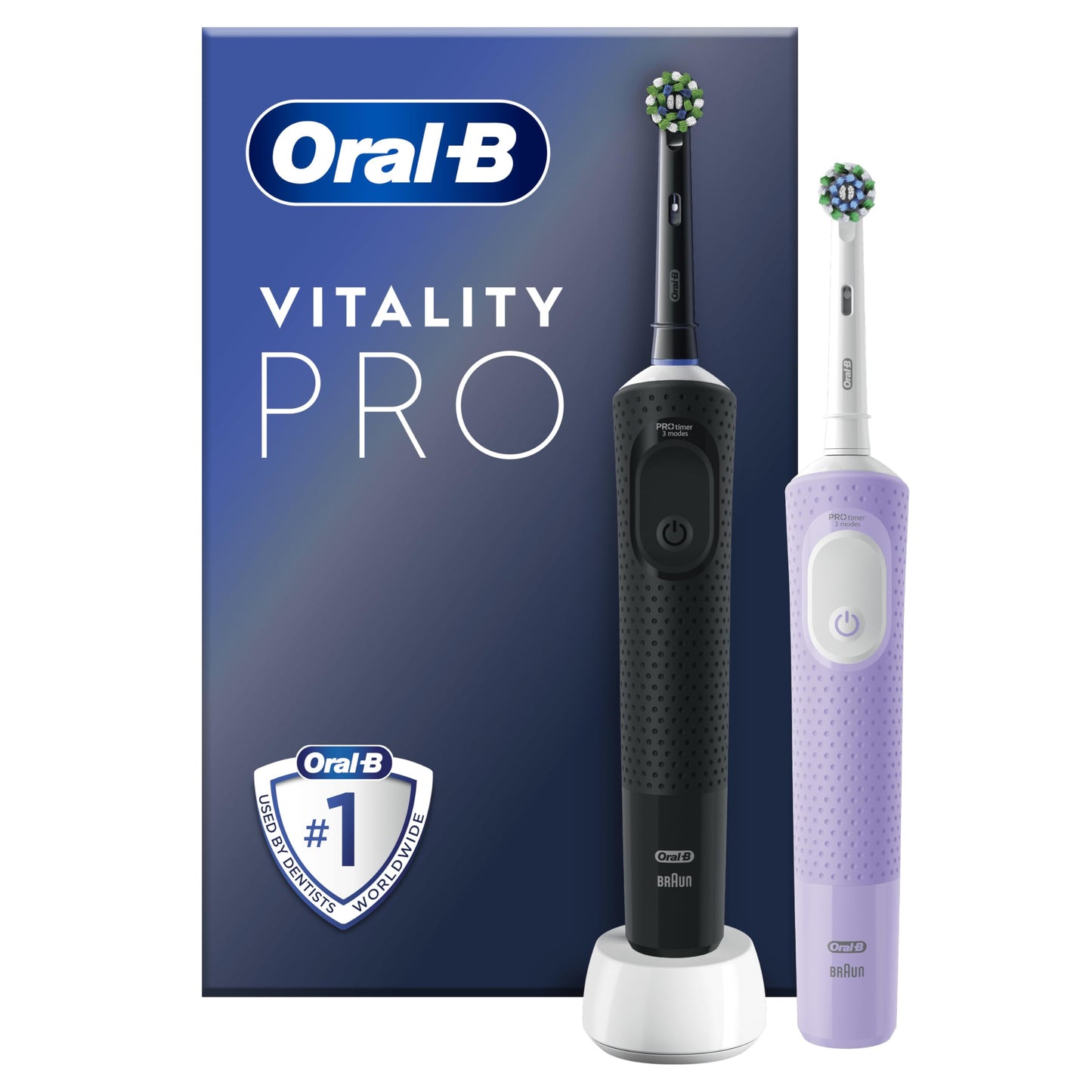 Oral-B Vitality Pro 2x Electric Toothbrushes For Adults, 2 Toothbrush Heads, 3 Brushing Modes Including Sensitive Plus, 2 Pin UK Plug, Black & Purple