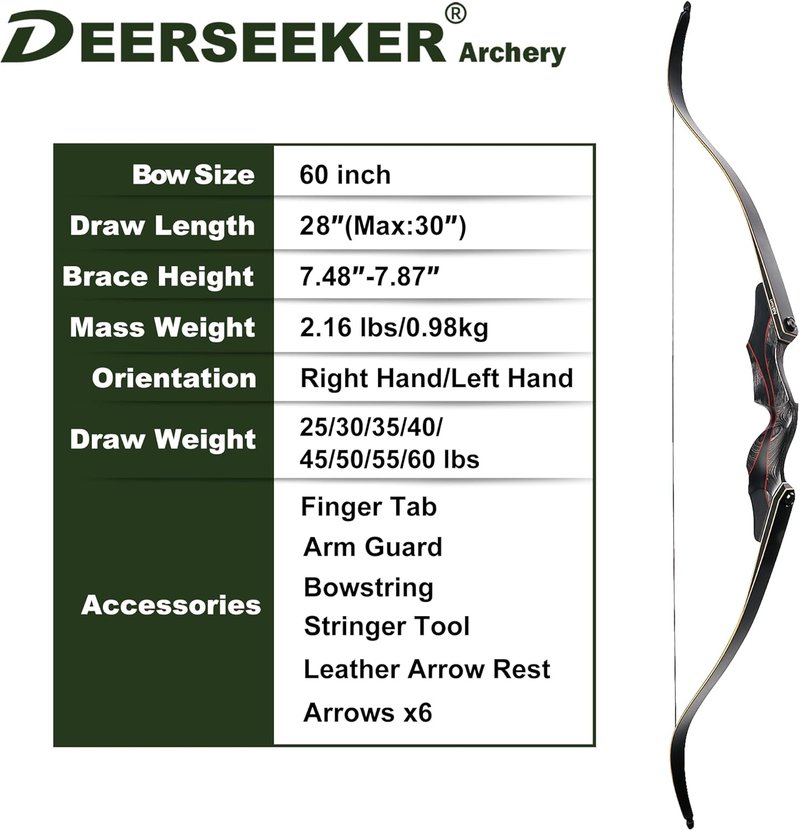 Deerseeker Takedown Recurve Bow Set - 60"/62" Right & Left Hand Traditional Wooden Bow for Adults & Youth | 25-60 lbs