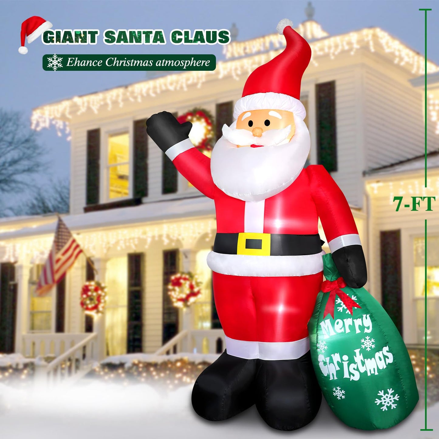 7FT Christmas Inflatable Santa Claus with Gift Bag, Blow up Giant Santa Claus Indoor Decoration, Built-in LED Lights for Lawn Patio Garden Home Display Hall Xmas Holiday Vacation Party Outdoor Decor