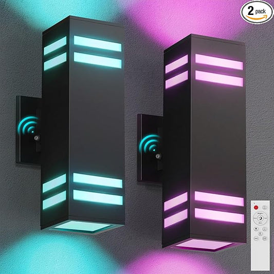 Outdoor Smart Wall Lights 2 Pack, Aluminum Exterior Lighting Fixtures Dusk to Dawn Color Changing Outdoor Lights with Matte Black Finish for Outside Decor, DIY Lighting Effects