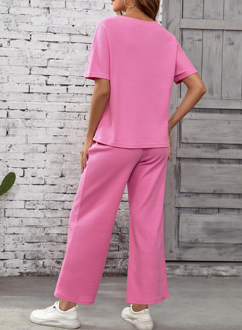 SHEWIN Women's Two 2 Piece Outfits Sweatsuit Lounge Sets for Women 2025 Short Sleeve T Shirts Casual Loose Pants Comfy Tracksuit Set Spring Clothes Pink M