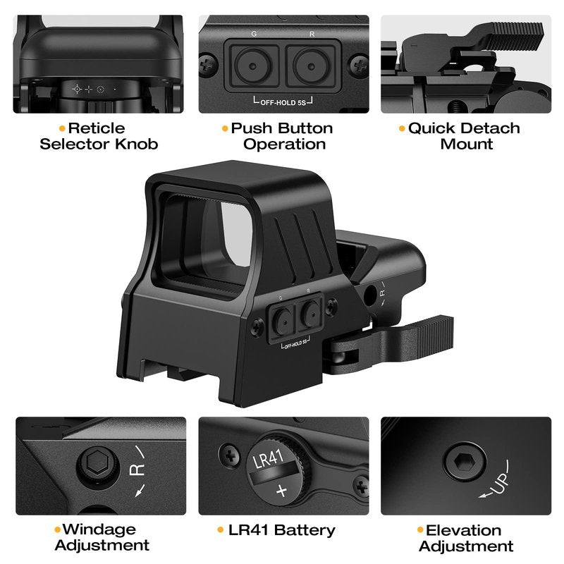 MidTen 1X22X33 Red Green Dot Sight 4 Reticles Reflex Sight Quick Detach Mount 20mm Rail