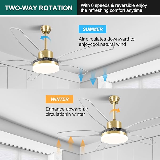 OKELI Clear Ceiling Fan with Light, 58 Inch Gold Transparent Ceiling Fans with Light and Remote 3 Reversible Blade LED Ceiling Fan and Light Combo for Living Room, Bedroom, Patio