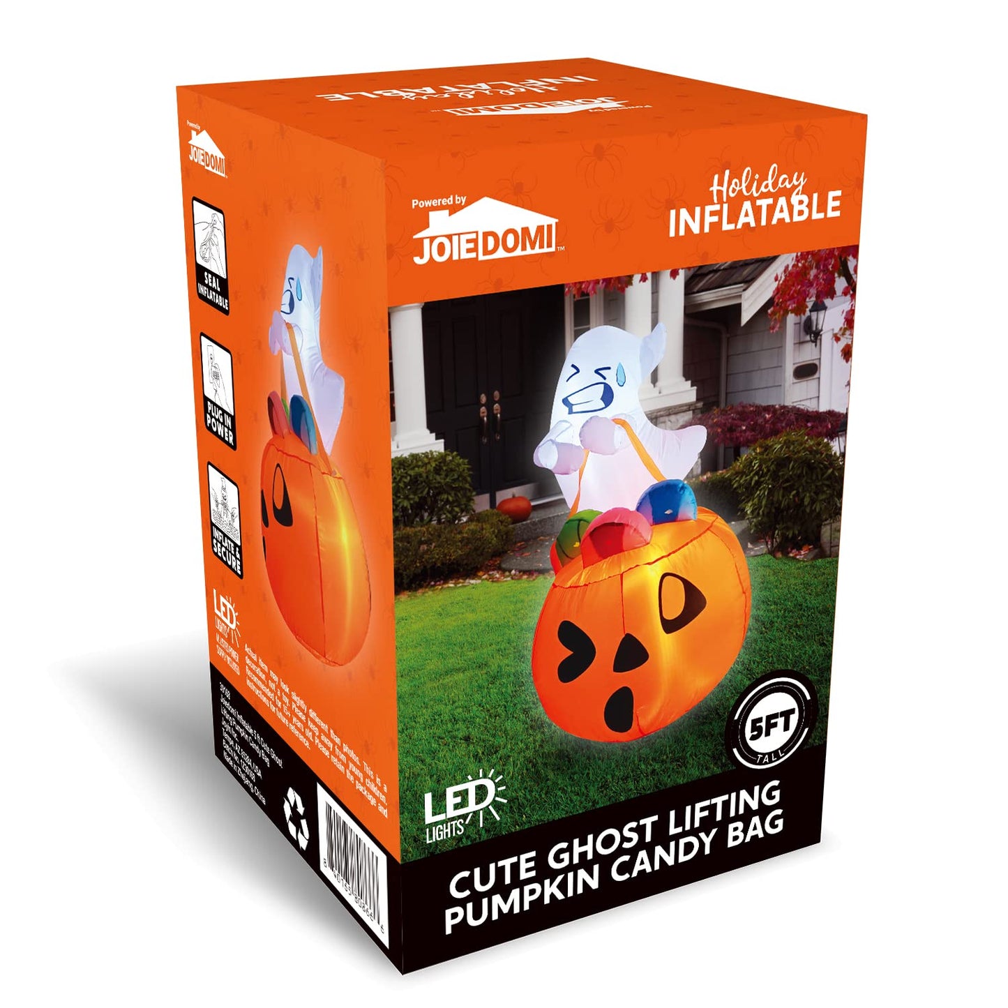 Joiedomi 5 FT Tall Halloween Inflatables Outdoor Decorations, Inflatable Cute Ghost Halloween Decor Outdoor, Blow Up Ghost Lift Pumpkin Candy Bag with Build-in LEDs for Yard Decorations