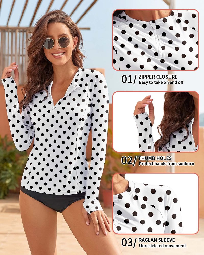 WOWENY Women Rash Guard Long Sleeve Swimsuit Top UPF 50 Sun Protection Swim Shirts Half Zip Bathing Suit(A-Black Dot, Large)