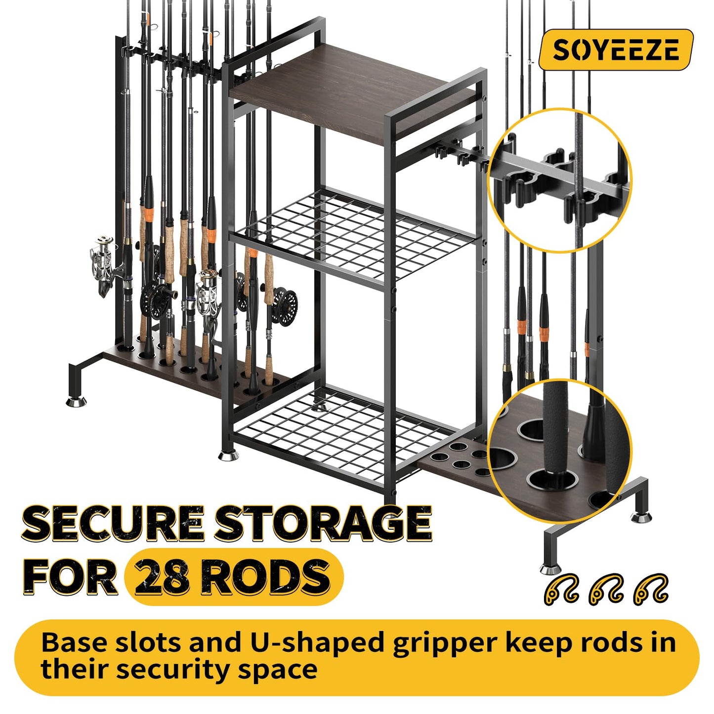 SOYEEZE Fishing Rod Holder for 28 Rods, Ground Stand Fishing Pole Holders for Garage, 3-Sided Vertical Fish Rod Rack for Tackle Box, Fishing Supplies,a Display Fish Gear Storage Gift for Man