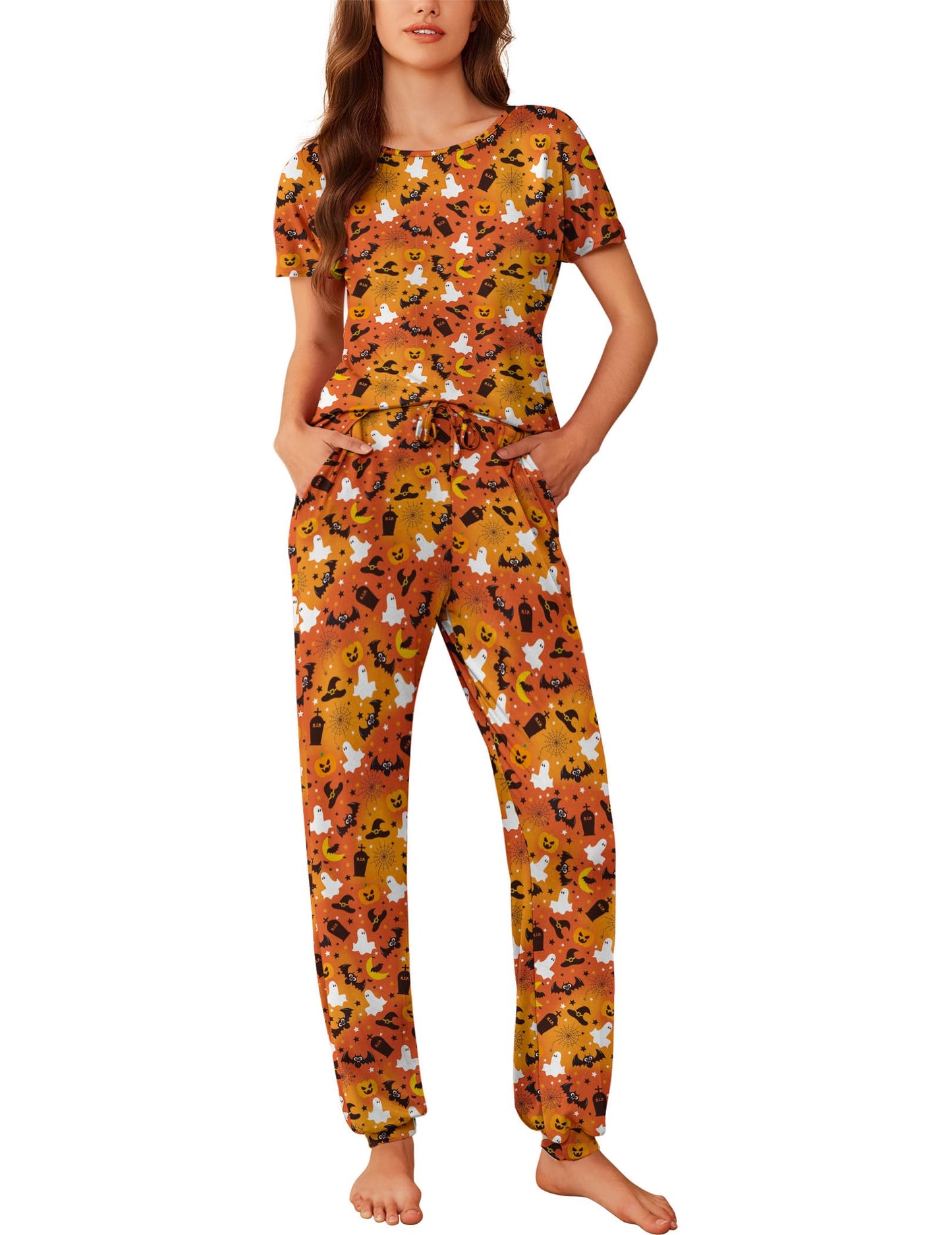 Ekouaer Womens Pajama Sets Halloween Short Sleeve Lounge Sets for Women Jogger Pajama Set 2 Piece Pj Sets With Pockets S-XXL