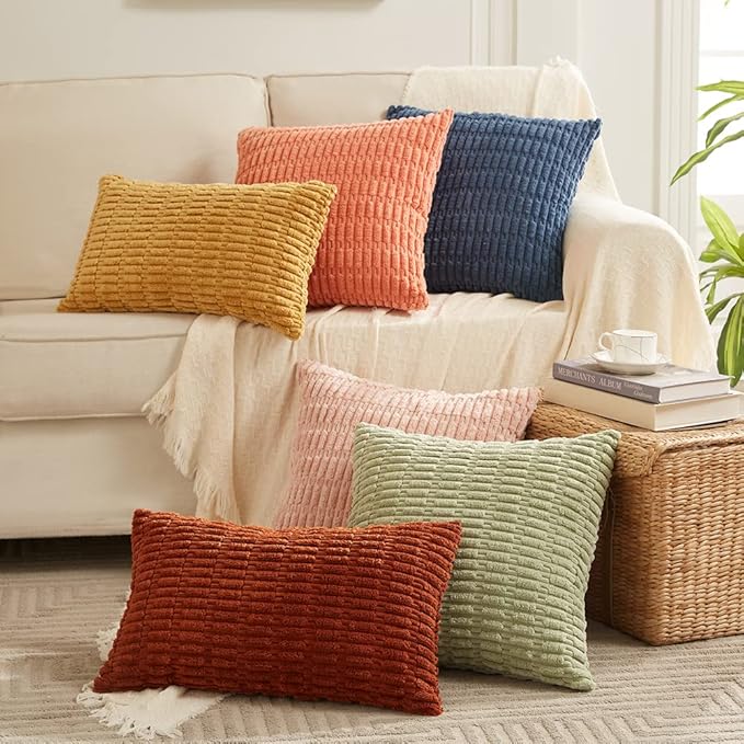 Fancy Homi Dusty Blue Decorative Throw Pillow Covers 22x22 Inch for Living Room Couch Bed Sofa, Rustic Farmhouse Boho Home Decor, Soft Striped Corduroy Square Cushion Case 55x55 cm