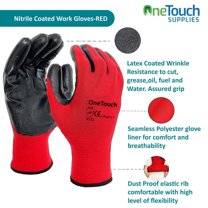 A406 24 Pair Red Work Gloves Nitrile Coated for Builders, Gardening, Construction, Warehouse Use (Large)