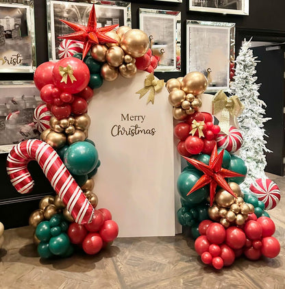 ADOINBY Christmas Balloon Arch Kit, 174Pcs Red Green Gold Latex Balloon with Candy Cane MERRY CHRISTMAS Letter Gift Box Red Candy Foil Balloon Garland Kit for Xmas Christmas Lollipop Party Decorations