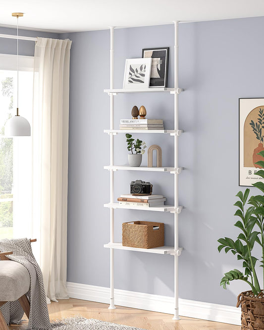 ALLZONE Adjustable Tall Narrow Bookshelf, 5-Tier Floor-to-Ceiling Tension Mount Ladder Book Shelf with Storage for Versatile Uses, Fits 92-116 Inch Ceilings, 27.84-Inch Wide Wood Shelves, White