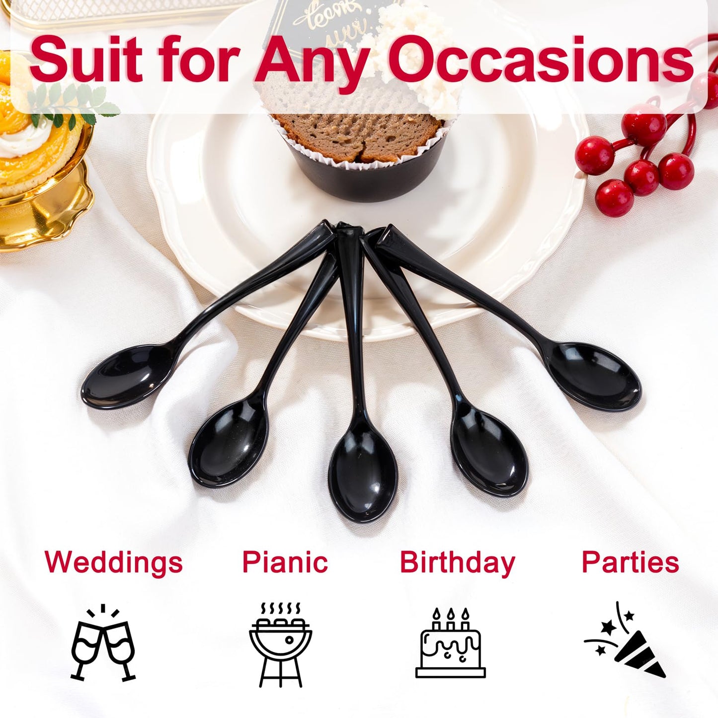 WDF 300 Pieces Black Plastic Mini Spoons-4 Inches Black Plastic Tasting Spoons for Desserts-Heavy Duty Plastic Spoons Perfect for Coffee/Cake/Desserts/Appetizers for Halloween New Year/Graduation