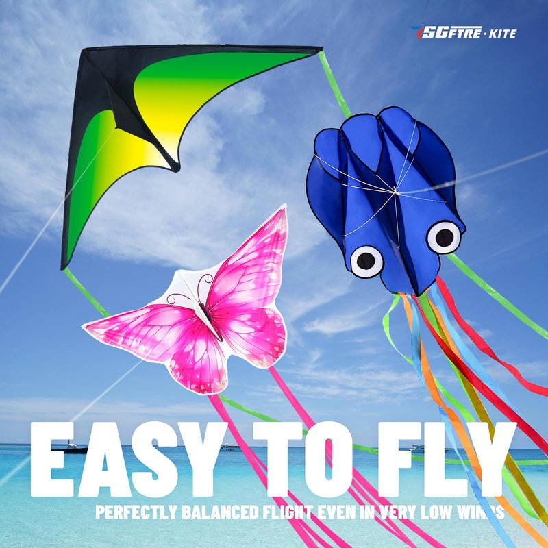 SGftre 3 Piece Set Butterfly Delta and Octopus Kites for Boys and Girls, Beach Kites for Family Outdoor Games & Activities (Gradient Grassland Green+Octopus Blue+Pink Dreamy Butterfly, 3)