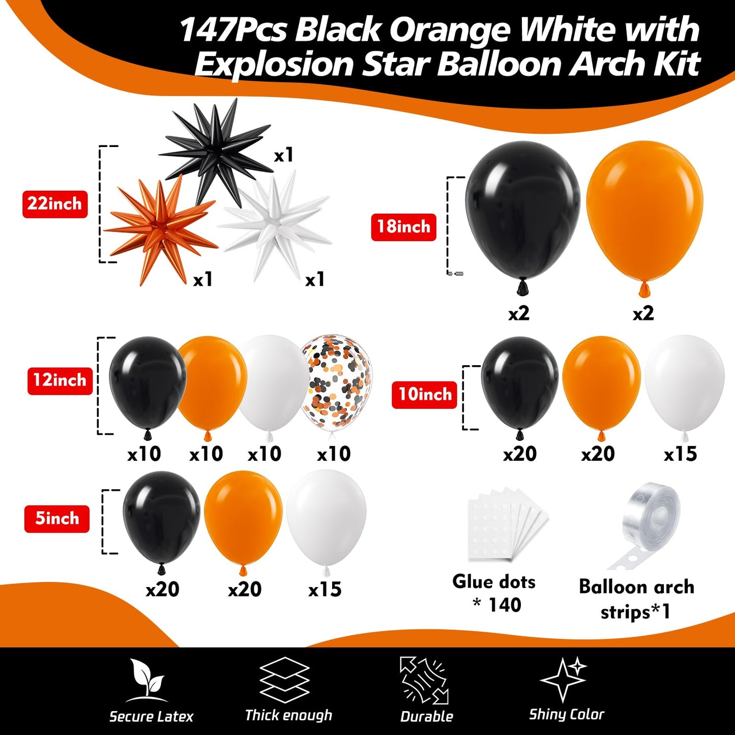 ADOINBY Black White Orange Balloon Arch Kit, 140Pcs Black Orange White Halloween Balloon Garland kit, 18 12 10 5 Inch Different Size Balloons for Halloween Birthday Thanksgiving Day Party Decorations