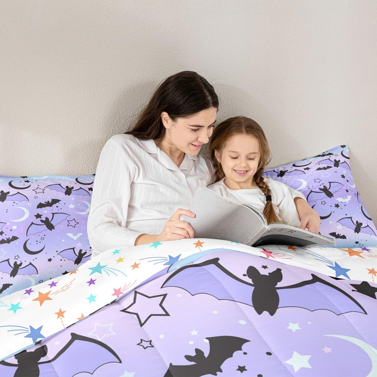 Feelyou Halloween Comforter Rainbow Comforter Set for Boys Girls Children Bat Moon Star Print Bedding Set Halloween Theme Purple Gradient Style Room Decor Twin Size Duvet Set 2Pcs with 1 Pillow Case