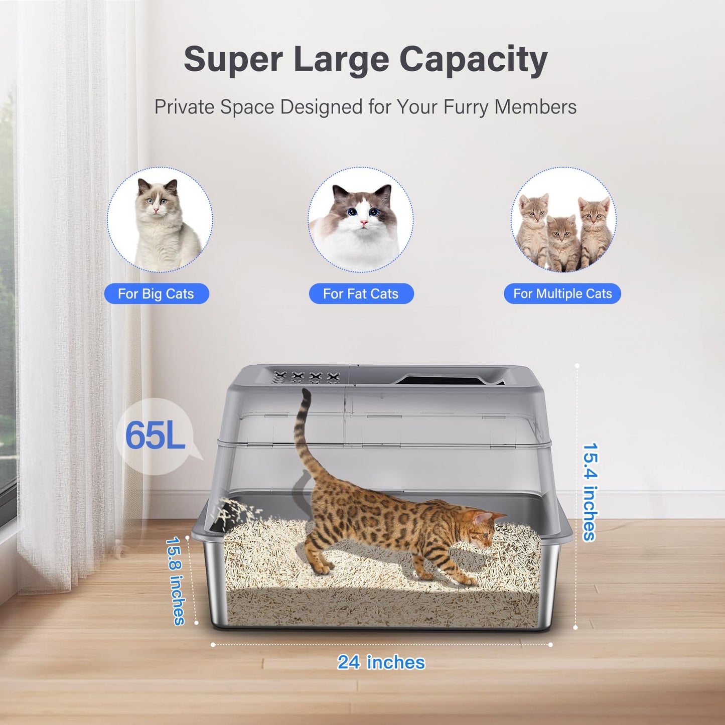 Aphyxen Stainless Steel Litter Box with Lid, XL Extra Large Enclosed Cat Litter Box for Big Cats 110° Flip Cover, Top Entry Metal High Sided Cat Box & Pedal & Scoop, Anti-Leakage (Grey)