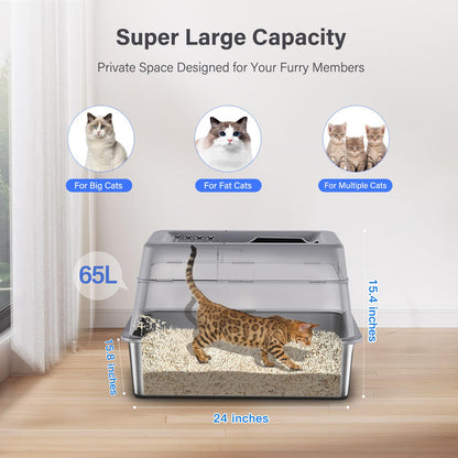 Aphyxen Stainless Steel Litter Box with Lid, XL Extra Large Enclosed Cat Litter Box for Big Cats 110° Flip Cover, Top Entry Metal High Sided Cat Box & Pedal & Scoop, Anti-Leakage (Grey)