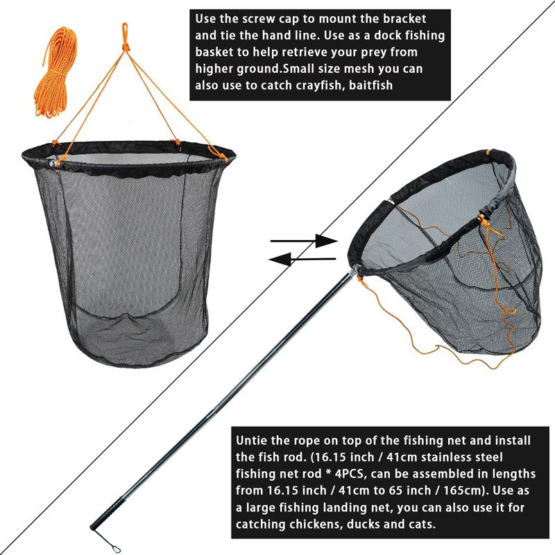 Drasry Large Collapsible Bridge Pier Fishing Net Landing Net with Rod, High Load Aluminum Ring Drop Net for Saltwater and Freshwater Rubber Coated Basket with 49.2 ft Rope 23.6 * 23.6 * 27.5 in