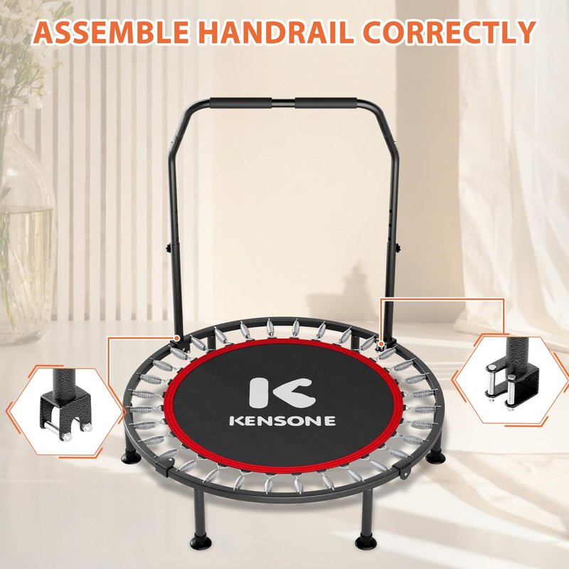K KENSONE 40” Mini Flodable Spring Rebounder Trampoline for Adults with Adjustable Bar, Small Exercise Trampoline for Indoor Workout and Fitness, Purple Resistance Band Included, Max Load 330 LBS