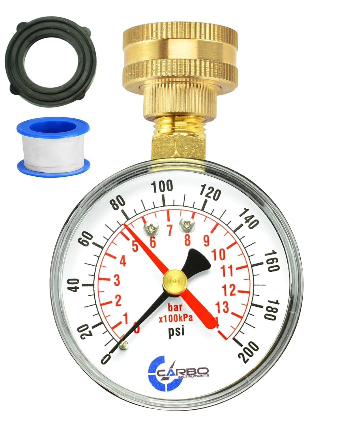 CARBO Instruments 2-1/2" Water Pressure Test Gauge, 0-200 PSI, Red Max Pointer, 3/4" Female Hose Thread, Rust-Free Corrosion-Resistant Case, Brass Connector, for Home, Garden, RV, Indoor/Outdoor
