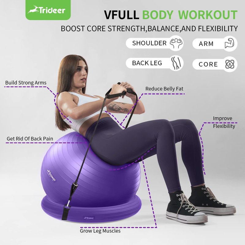 Trideer Yoga Ball Chair With Base & Bands for Home Gym Workout - Exercise Ball for Abs, Stability & Balance Seat to Relieve Back Pain (L(23-26ines/58-65cm), Purple)