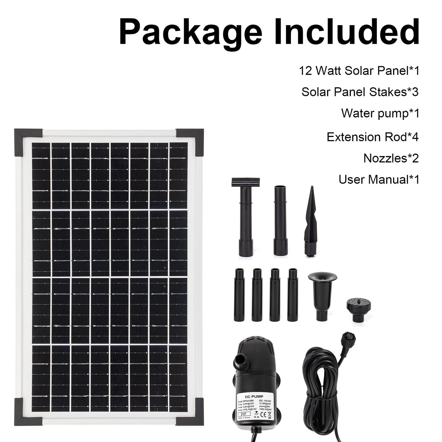 ECO-WORTHY Solar Fountain Water Pump Kit 12 W, 196 GPH+ 12 Watt Solar Panel Submersible Powered Pump for Small Pond, Garden Decoration, Pool, Birdbath(Need Sunlight) Black