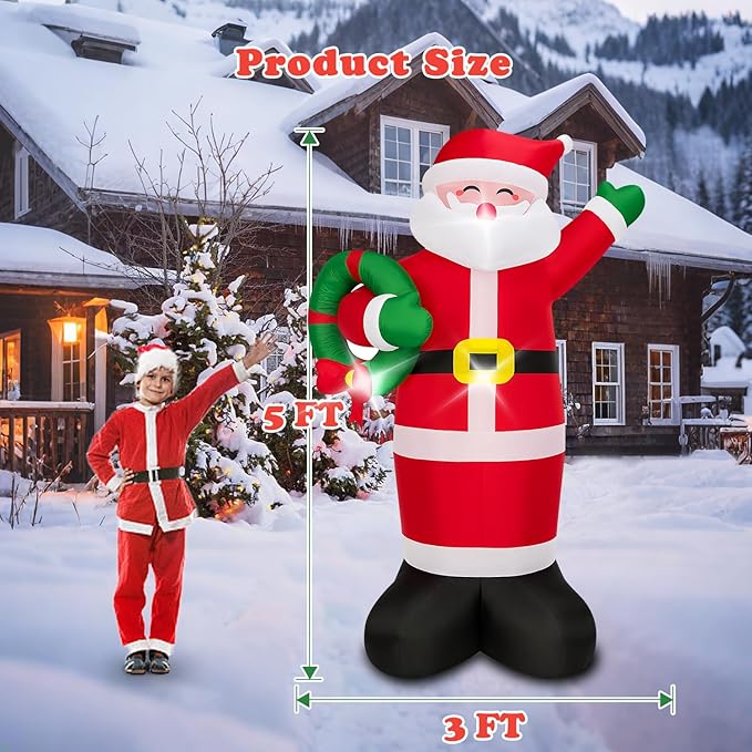 Christmas Decorations Outdoor Inflatables 5FT Santa Claus Holding Garland Inflatable Yard Decor with Build-in LEDs Blow Up for Christmas Party Indoor Outdoor Yard Garden Lawn Patio