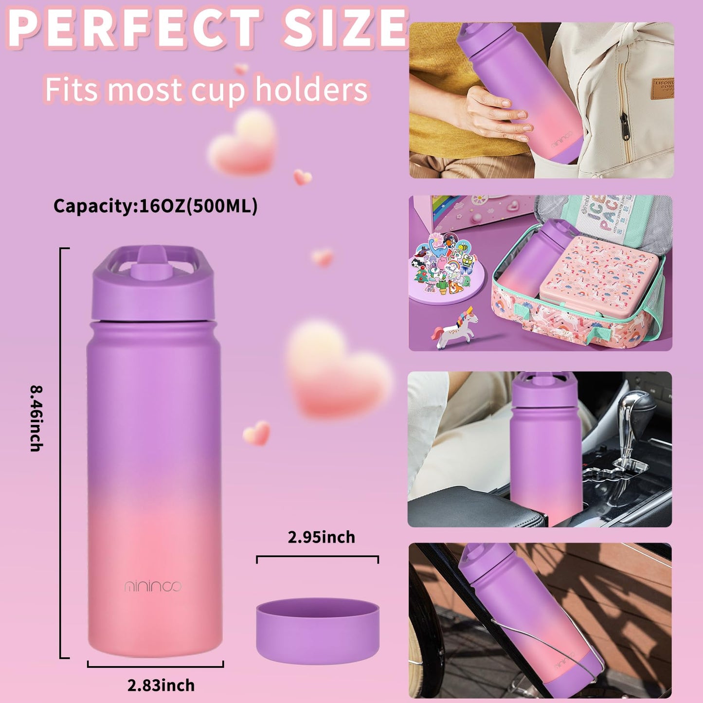 Mininoo Kids Water Bottle for School, 16oz Insulated Stainless Steel Water Bottle Kids with Straw Lid for Girls（Purple/Pink）