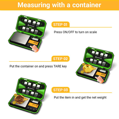 UNIWEIGH Digital Pocket Scale 200g/0.01g, Digital Gram Scales, Mini Food Scale with 50g Calibration Weight for Food,Powder,Tea,Jewelry,Coins,small items scale (Battery Included)-Fluorescent Green