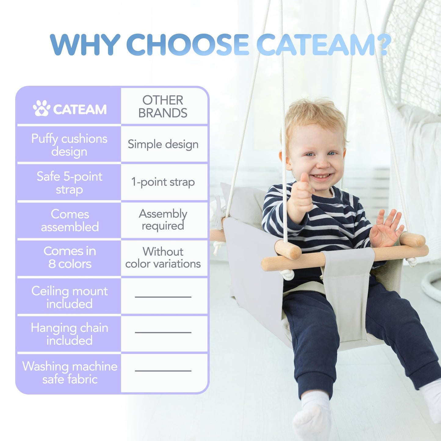 CaTeam - Canvas Baby Swing, Wooden Hanging Swing Seat Chair with Safety Belt, Durable Baby Swing Chair, Outdoor and Indoor Swing for Kids, Mounting Hardware Included, Gray