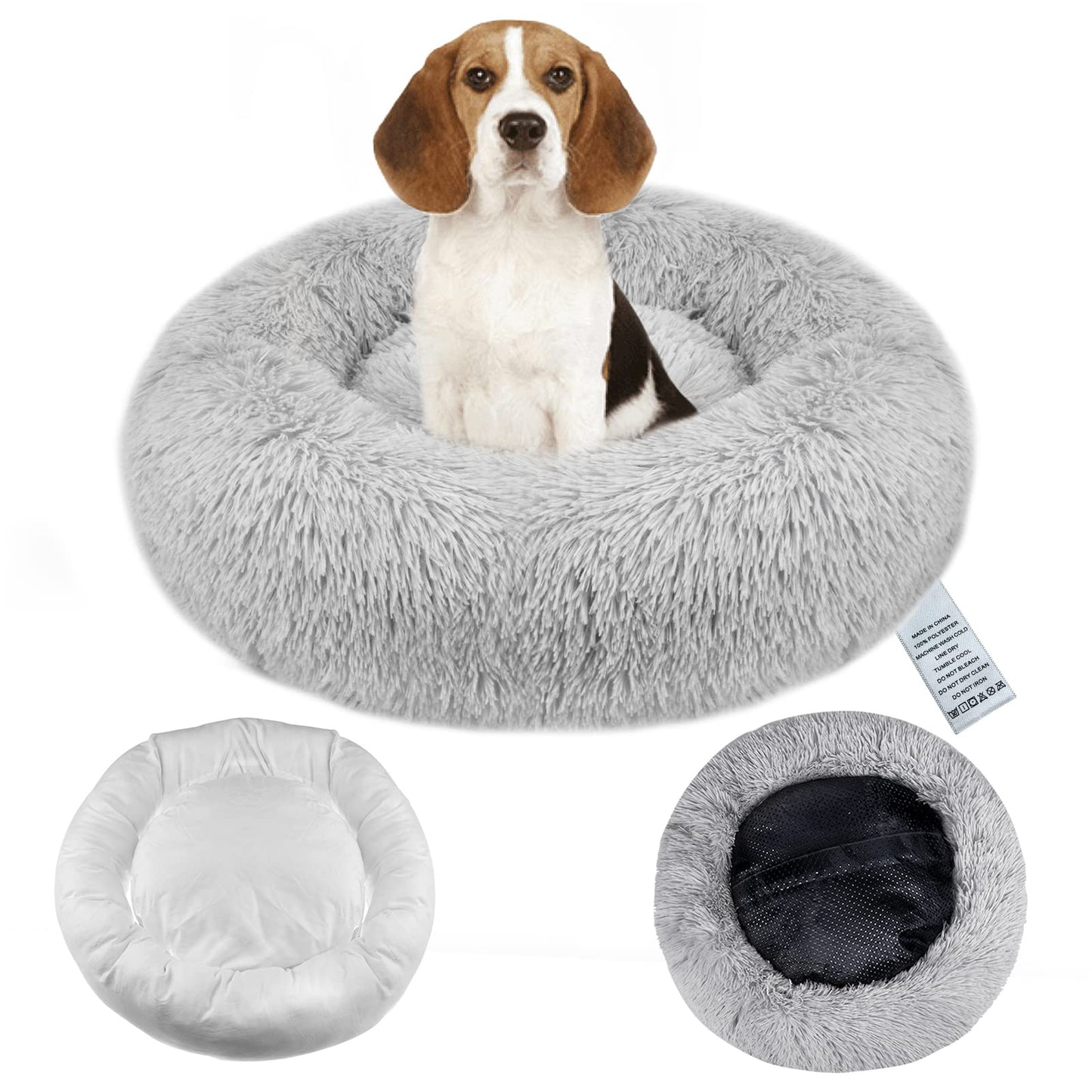 Donut Dog Bed Extra Large Washable - Anti Anxiety Calming Cosy Fluffy Plush Puppy Kitten Round Super Soft Snuggle Pet Cat Beds for Indoor Cats: Light Grey 80cm