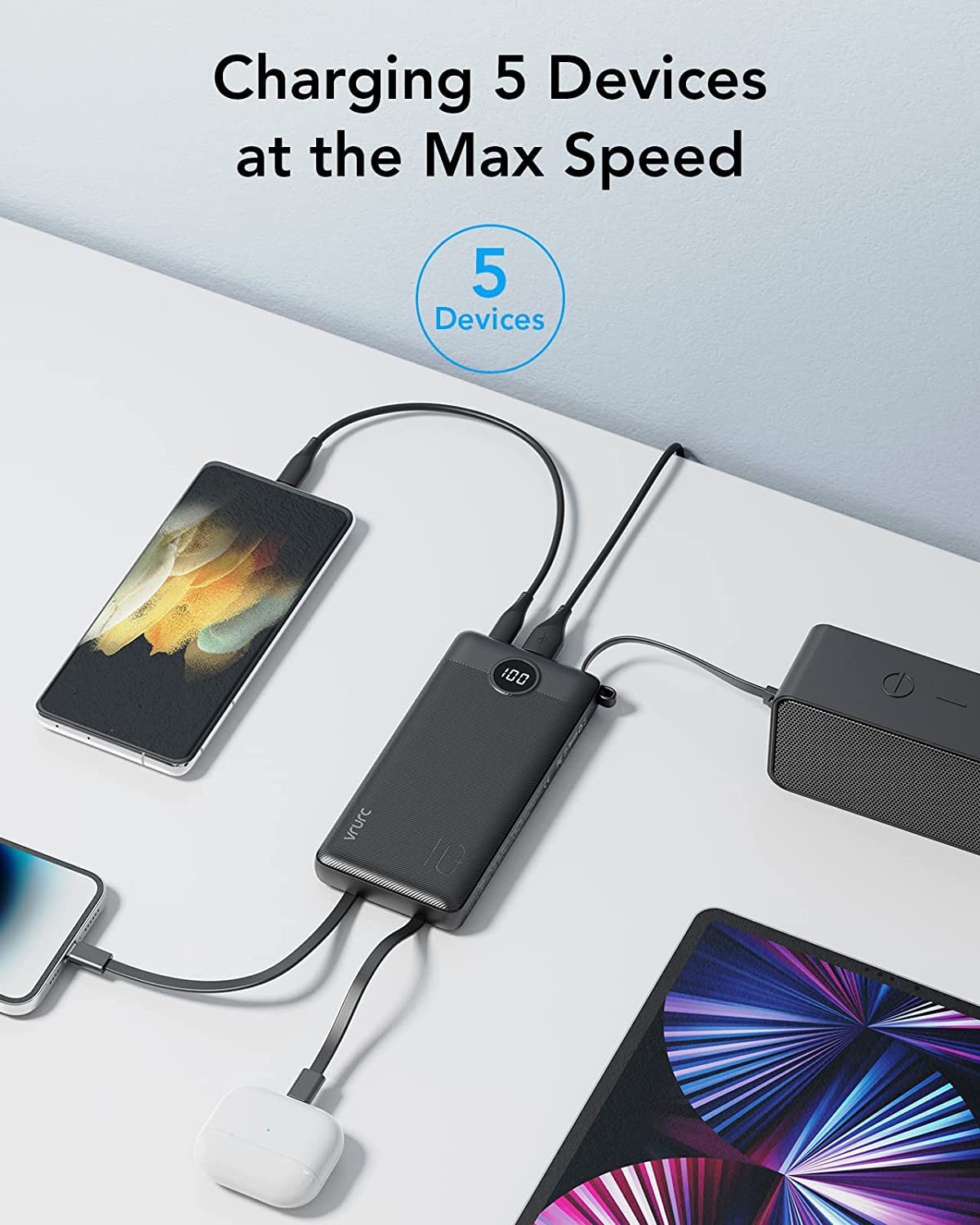 VRURC Power Bank 10000mAh With Built in Cables,USB C Battery Pack Portable Charger with 5 Outputs 2 Inputs Powerbank LED Display compatible with iPhone 16 15 14 Samsung S21 S20 Xiaomi