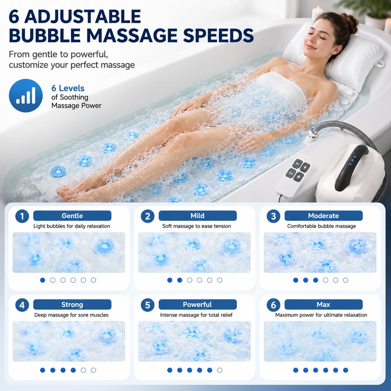 Bubble Bath Mat for Bathtub Spa, Full Body Hydrotherapy Massager with 6 Bubble Speeds & 6-Color LED Lights, Non-Slip Suction Cups, Remote Control & Inflatable Bath Pillow for Stress Relief