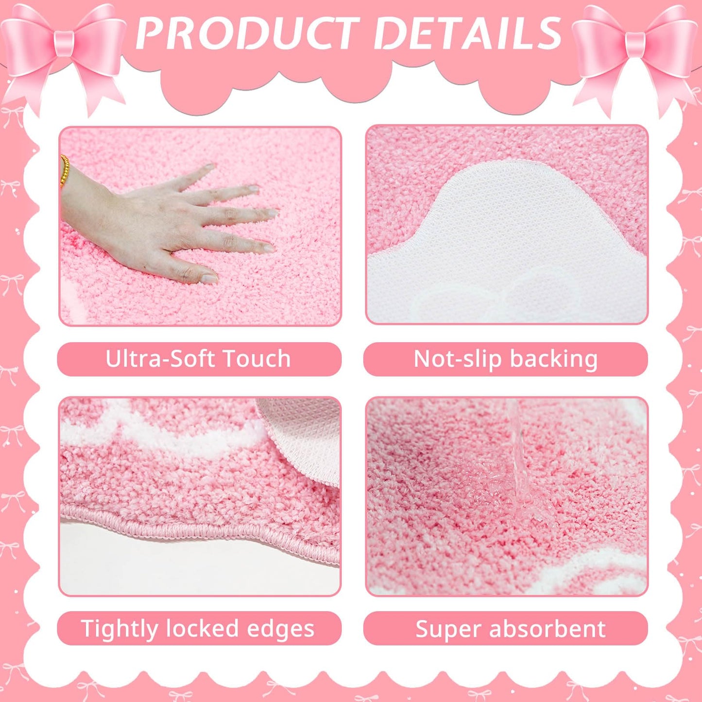 Mocsicka Pink Bow Bath Mat Cute Bow Bathroom Rug Super Soft Absorbent Bathroom Rugs Non Slip Bath Mat Machine Washable Rug for Bathrooms 20x32 inches (Pink, 50x80cm)