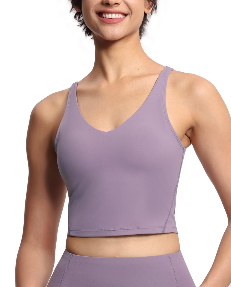 Women’s Longline Sports Bra Wirefree Padded Medium Support Yoga Bras Gym Running Workout Tank Tops Grey Purple