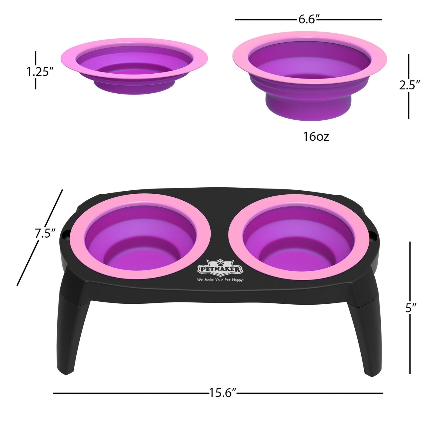 Elevated Cat and Dog Food Bowls with Non-Slip Stand - Removable and Collapsible Silicone Feeder for Food and Water - 16-Ounces Each by PETMAKER (Pink)