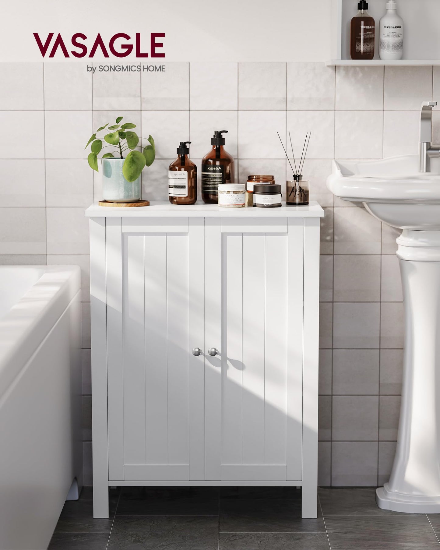VASAGLE Freestanding Bathroom Floor Storage Cabinet, Storage Cupboard, Bathroom Storage Unit, with 2 Adjustable Shelves, 30 x 60 x 80 cm, White BCB60W