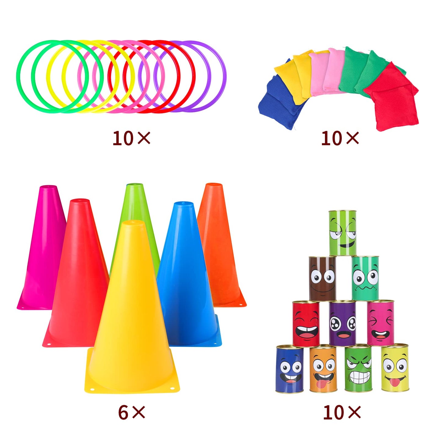 Waenerec 36PCS Carnival Games Combo Set 4 in 1 Bean Bag Toss Can Games Plastic Cone Ring Toss Game for Indoor Outdoor School Field Day Birthday Party Yard Game for Kids Adults