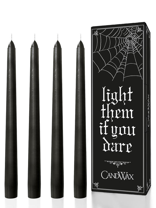 CANDWAX 10 inch Taper Black Candles Set of 4 — Dripless Tall Unscented Black Tapered Candle Sticks — Perfect for Household Decor, Dinner Centerpiece or Halloween Décor