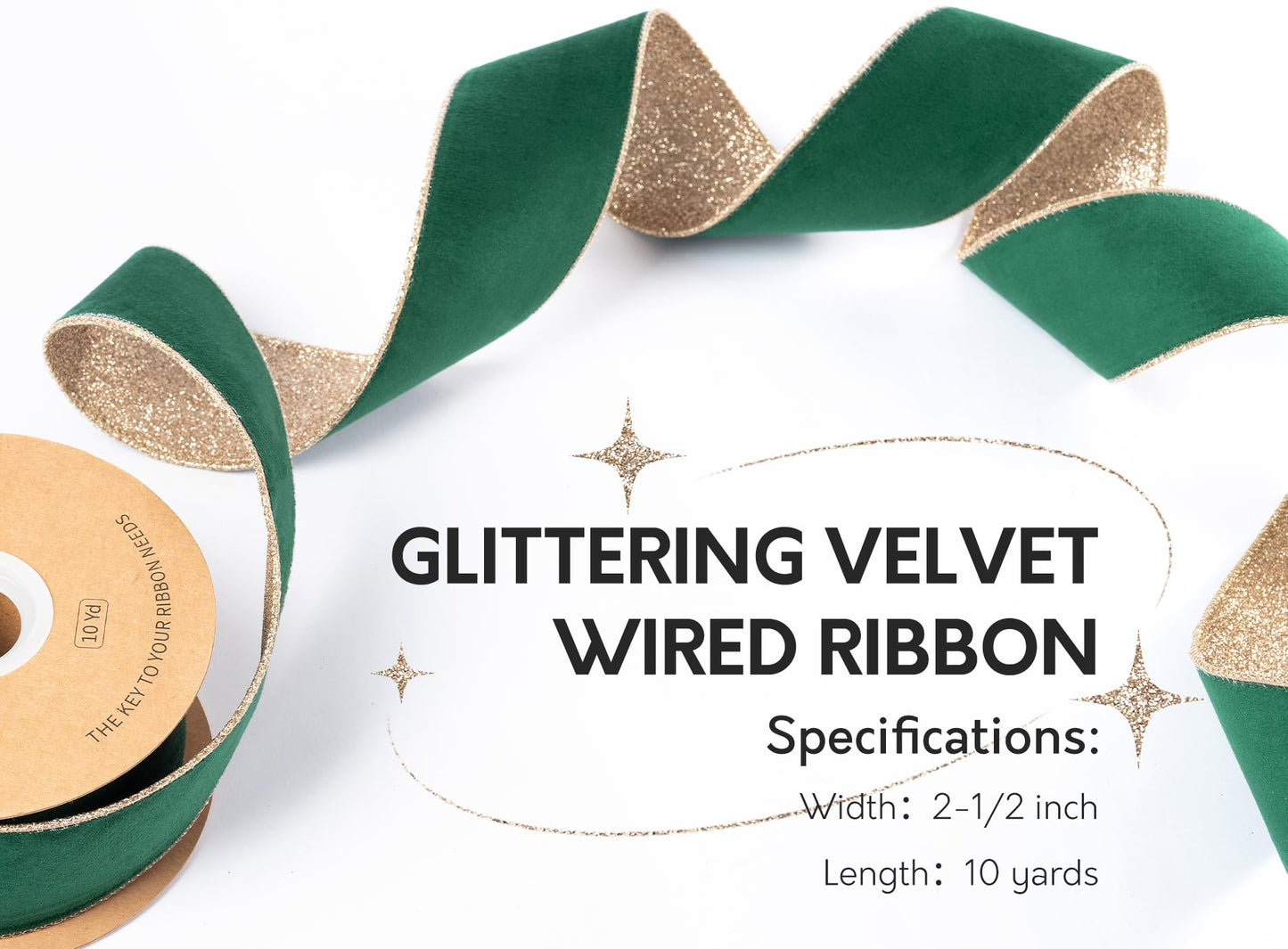 Keypan Green Velvet Ribbon for Christmas Tree Wired Ribbons for Decoration Wreath Home Decor Gift Wrapping 2-1/2 Inch Wide with Gold Metallic Glitter 10 Yards