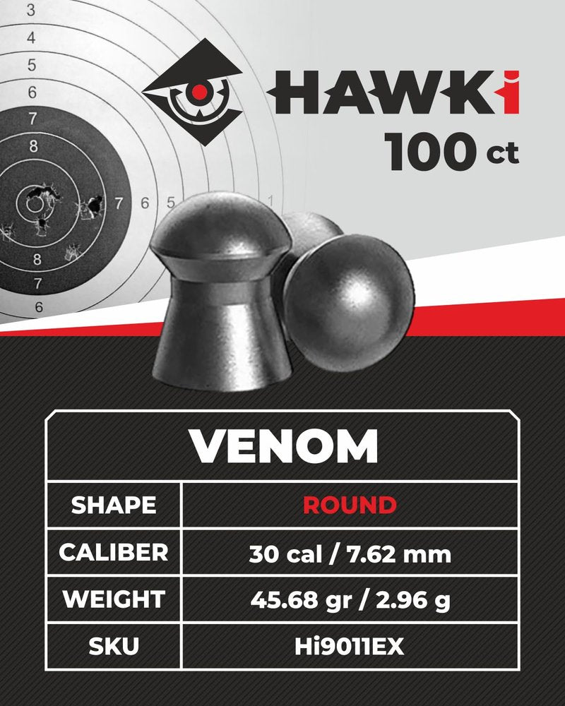 Hawki Airgun Pellets Round Shape .30 Cal / 7.62mm Caliber (45.68 gr/2.96 g) 100 ct Hi9011EX (Round Shape, Premium Series) | Designed for Hunting
