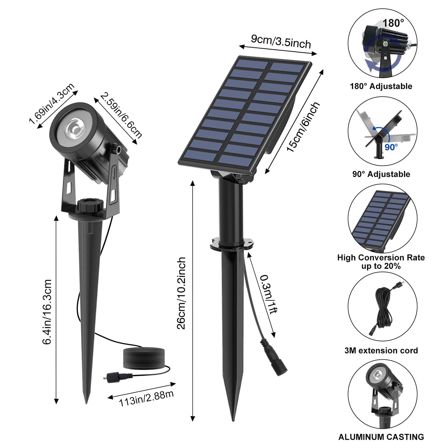 T-SUNUS Solar Garden Spot Lights, LED Solar Light Outdoor Waterproof Auto ON/Off for Garden, Driveway, Pathway, Pool Area, Christmas Decorations(Warm White 3000K)