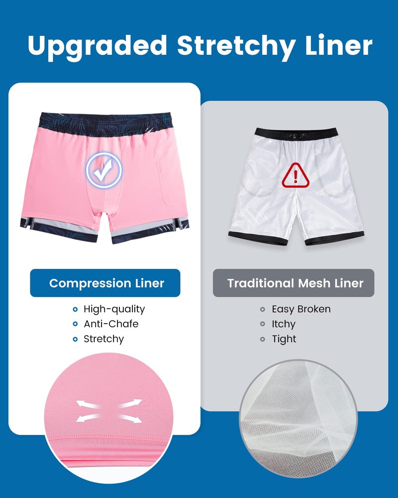 maamgic Mens Swim Trunks with Compression Liner 5 Inch, Quick Dry Bathing Suit with Zipper Pockets, Stretch No-Chafing Swim Shorts, Navy-Pink Leaf Silhouette X-Large
