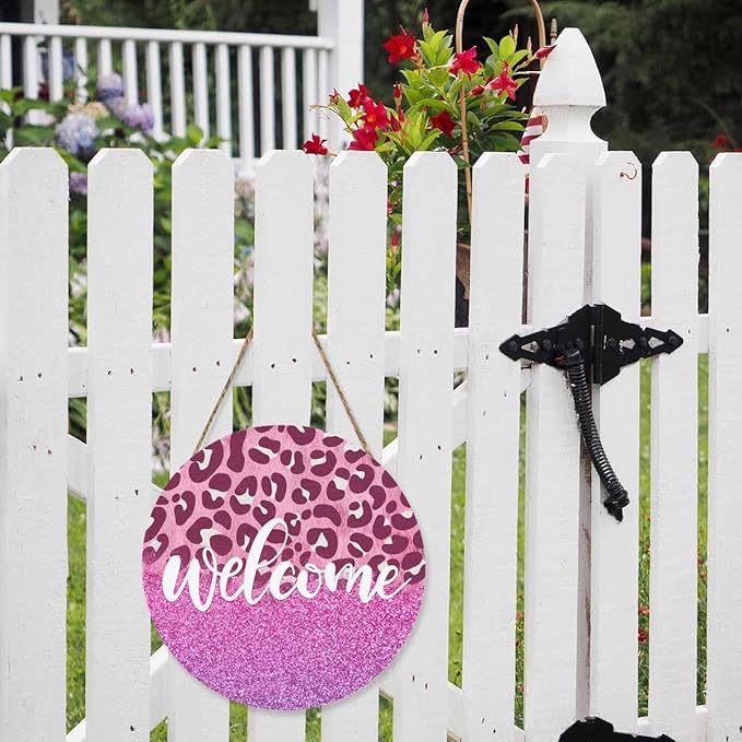 Welcome Sign Rustic Round Sign Front Door Wreaths Pink Leopard Print for Outdoor Indoor Wall Hanging Decorations 12x12in