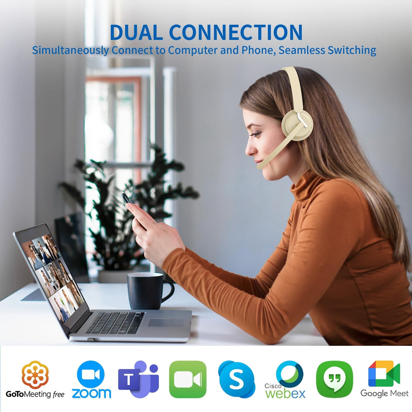 Wireless Headset with Mic for Work, Bluetooth 5.3 Headset with AI Noise Cancelling Microphone & Call Reminder, Wireless Headphone with Voice Assistant for PC/Computer/Remote Work/Call Center/Zoom