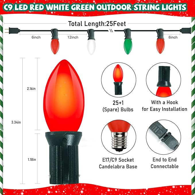 25FT Red Green White Christmas Lights,Vintage C9 LED Christmas Light with 26 Shatterproof Plastic Bulbs,Connectable Multicolor Outdoor Lights for Christmas Tree, Gardens,Party Holiday