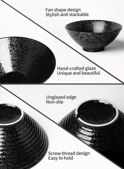 Kanwone Ceramic Japanese Ramen Bowl Set, Noodle Soup Bowls - 60 Ounce, with Matching Spoons and Chopsticks for Udon Soba Pho Asian Noodles, Set of 2, Black